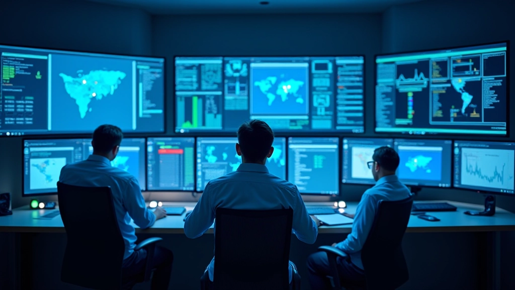 Kontrolní místnost elektrické sítě s monitory a operátory