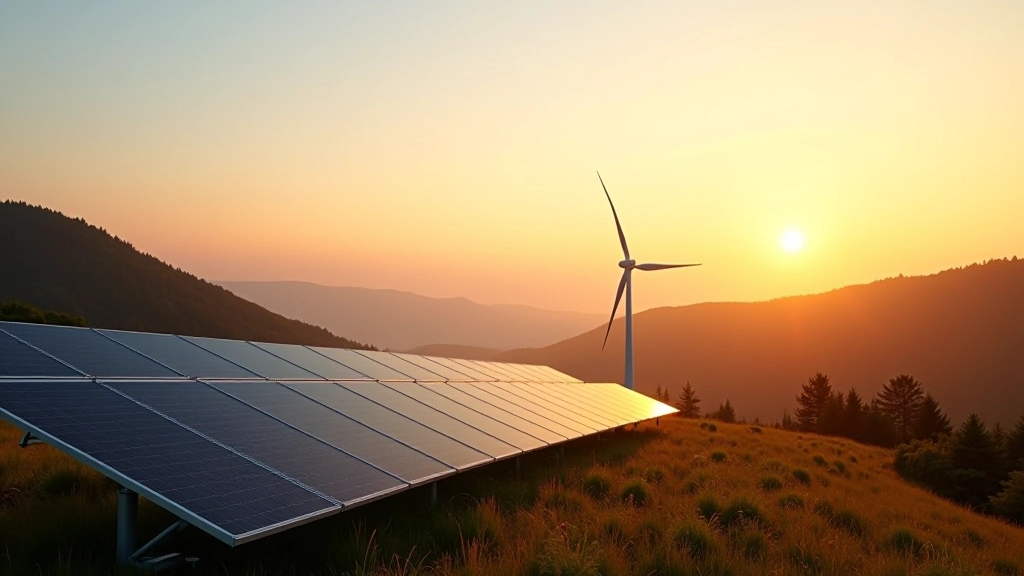 Moderní energetické zařízení s solárními panely a větrnou turbínou v krajině