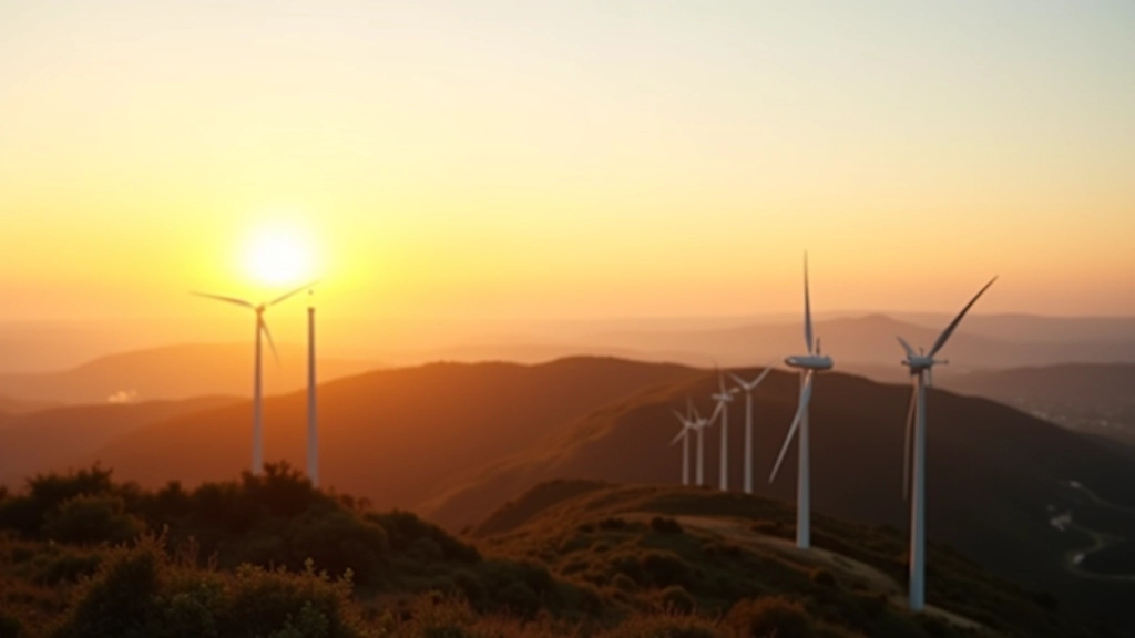 Větrné turbíny na pahorkatině se zachází slunečním světlem