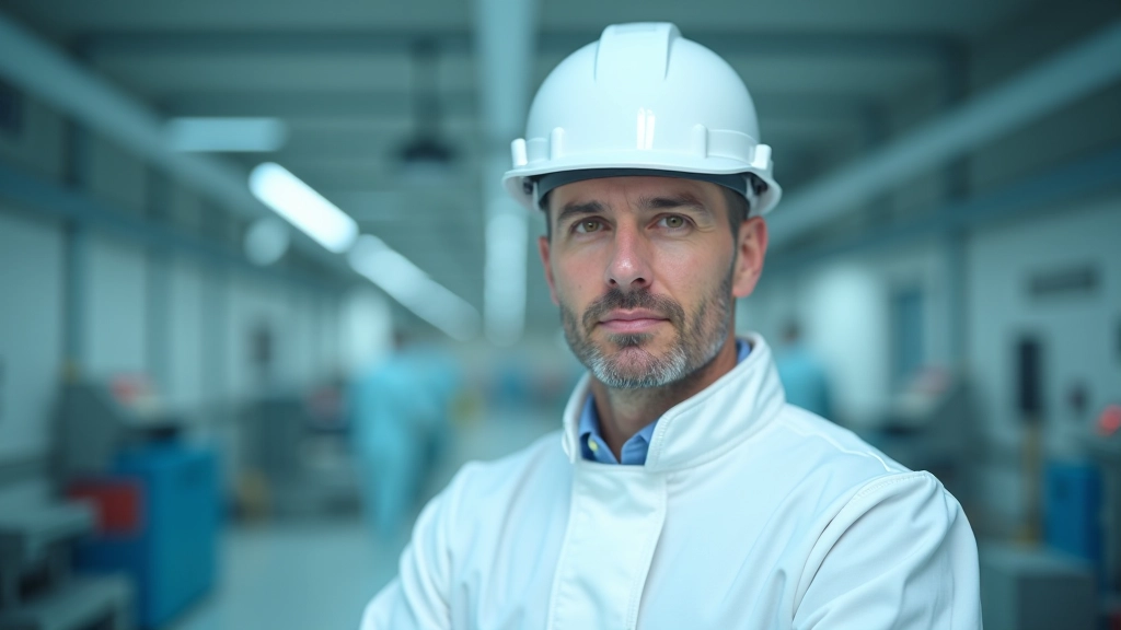 Inženýr v ochranném obleku kontroluje reaktorové vybavení v jaderné elektrárně