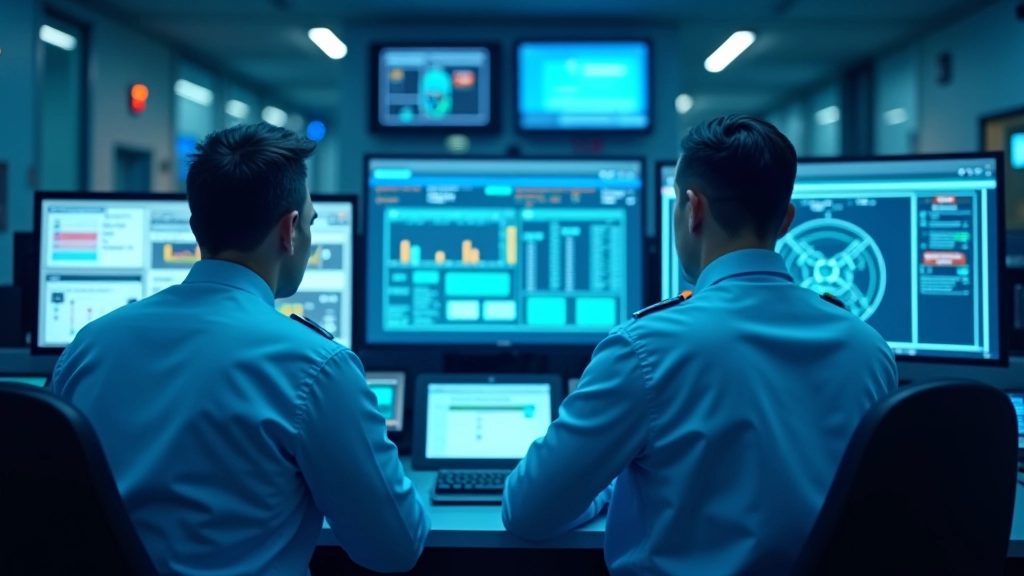Kontrolní místnost jaderné elektrárny s moderními monitory a ovládacími panely