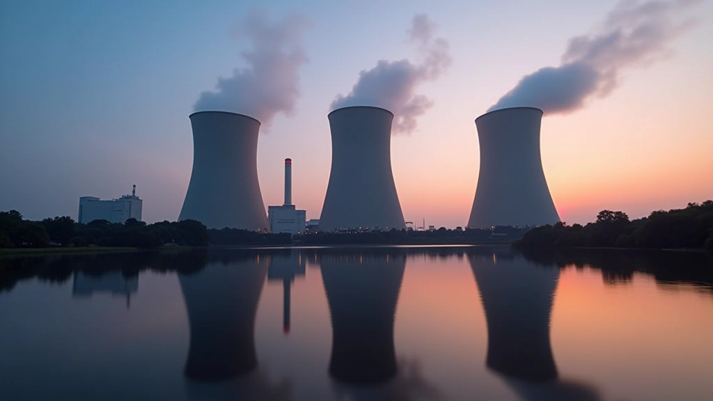 Jaderná elektrárna s chladícími věžemi a klidným průhledem