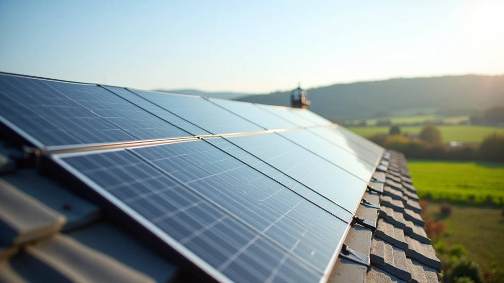 Solární panely na střeše domu se zeleným polem v pozadí