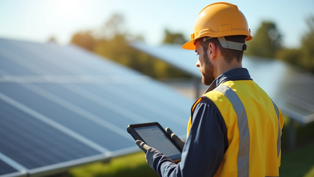 Technician kontroluje data na displeji vedle solárního panelu