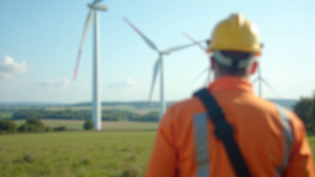 Pracovníci instalují větrnou turbínu na věži s krajinou v pozadí